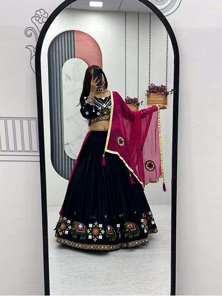 Black Gamathi Work Cotton Navratri Lehenga Choli-Black-M-6