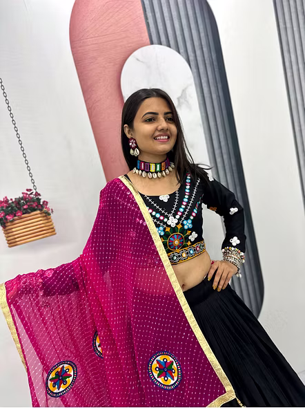 Black Gamathi Work Cotton Navratri Lehenga Choli-Black-M-7