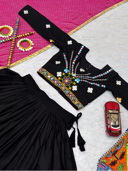 Black Gamathi Work Cotton Navratri Lehenga Choli-Black-M-9