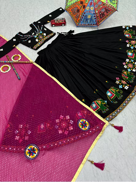 Black Gamathi Work Cotton Navratri Lehenga Choli-Black-M-11