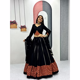 tiny tex black ajarakh print and ribbon work navratri special pure cotton lehenga choli