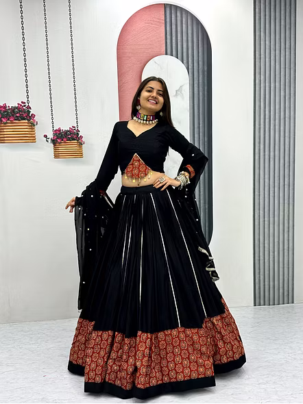 Black Ajarakh Print and Ribbon Work Navratri Special Pure Cotton Lehenga Choli-Black-M-6