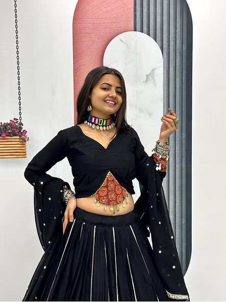 Black Ajarakh Print and Ribbon Work Navratri Special Pure Cotton Lehenga Choli-Black-M-7