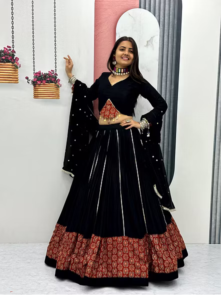 Black Ajarakh Print and Ribbon Work Navratri Special Pure Cotton Lehenga Choli-Black-M-10