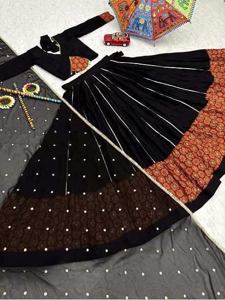 Black Ajarakh Print and Ribbon Work Navratri Special Pure Cotton Lehenga Choli-Black-M-8