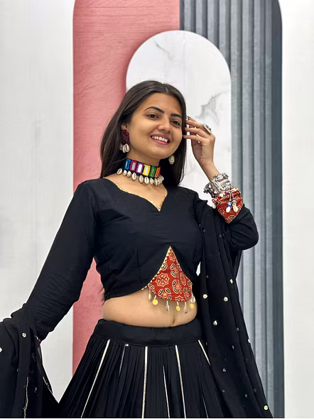 Black Ajarakh Print and Ribbon Work Navratri Special Pure Cotton Lehenga Choli-Black-M-13