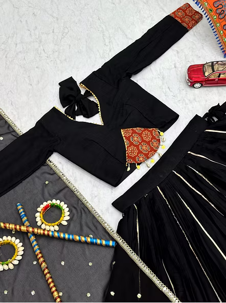 Black Ajarakh Print and Ribbon Work Navratri Special Pure Cotton Lehenga Choli-Black-M-9