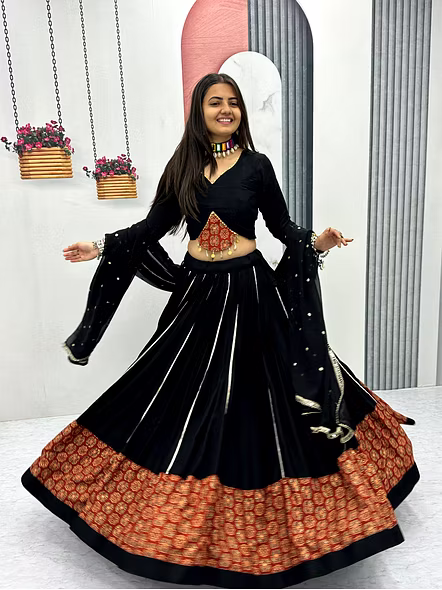 Black Ajarakh Print and Ribbon Work Navratri Special Pure Cotton Lehenga Choli-Black-M-11