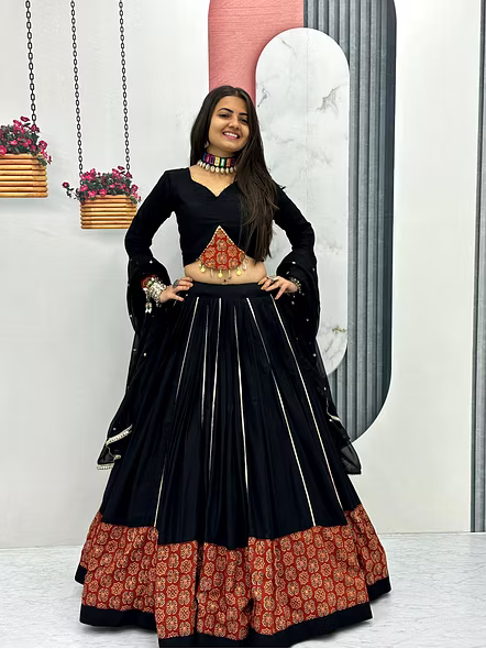Black Ajarakh Print and Ribbon Work Navratri Special Pure Cotton Lehenga Choli-Black-M-12