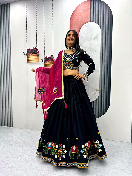 Black Gamathi Work Cotton Navratri Lehenga Choli