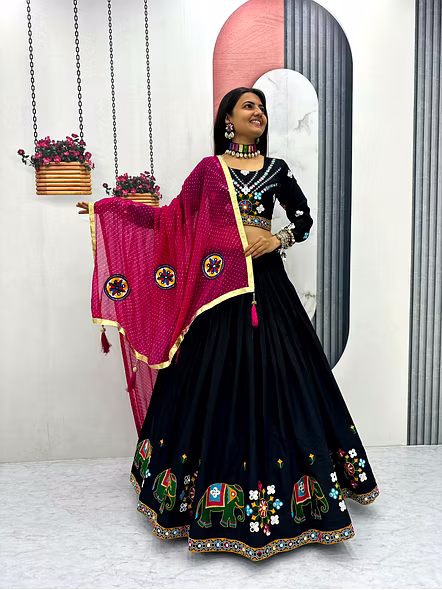 Black Gamathi Work Cotton Navratri Lehenga Choli-Black-M