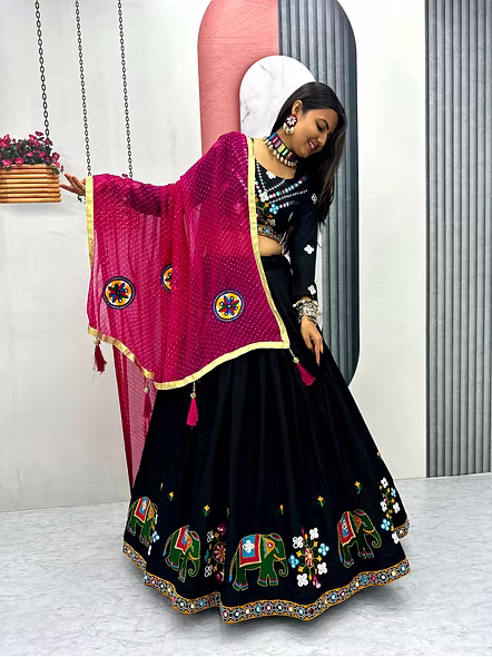 Black Gamathi Work Cotton Navratri Lehenga Choli-Black-M-2