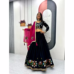 Black Gamathi Work Cotton Navratri Lehenga Choli