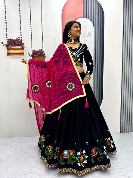 Black Gamathi Work Cotton Navratri Lehenga Choli-Black-XL-3