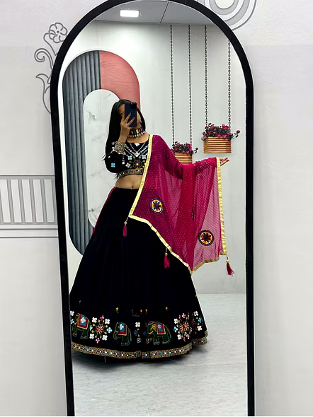 Black Gamathi Work Cotton Navratri Lehenga Choli-Black-XL-4