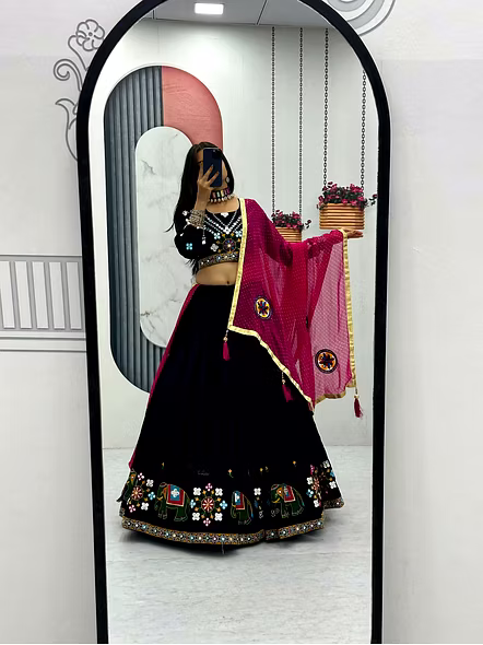 Black Gamathi Work Cotton Navratri Lehenga Choli-Black-XL-5