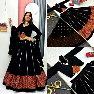 Black Ajarakh Print and Ribbon Work Navratri Special Pure Cotton Lehenga Choli