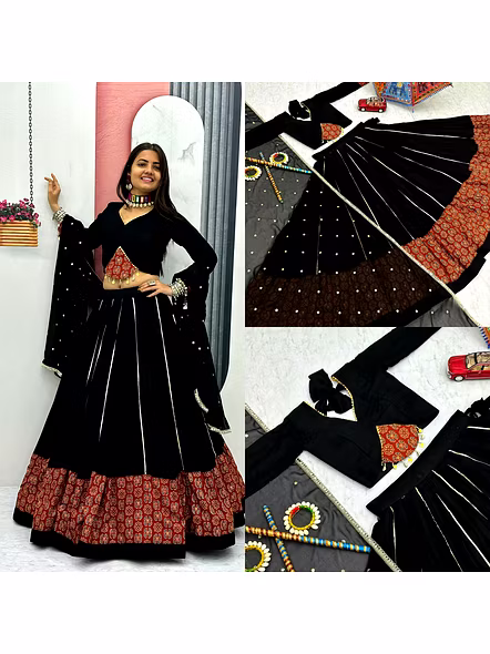 Black Ajarakh Print and Ribbon Work Navratri Special Pure Cotton Lehenga Choli-Tapi281_Black_M