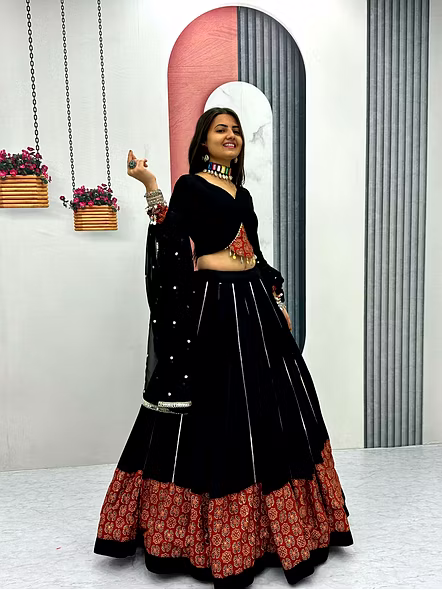 Black Ajarakh Print and Ribbon Work Navratri Special Pure Cotton Lehenga Choli-Black-M-2