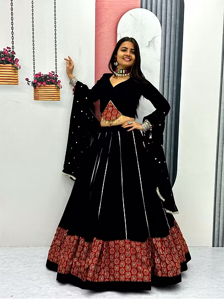Black Ajarakh Print and Ribbon Work Navratri Special Pure Cotton Lehenga Choli-Black-M-3