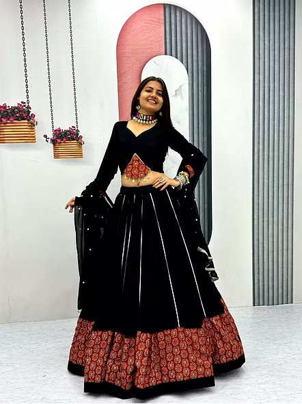 Black Ajarakh Print and Ribbon Work Navratri Special Pure Cotton Lehenga Choli-Black-M-5