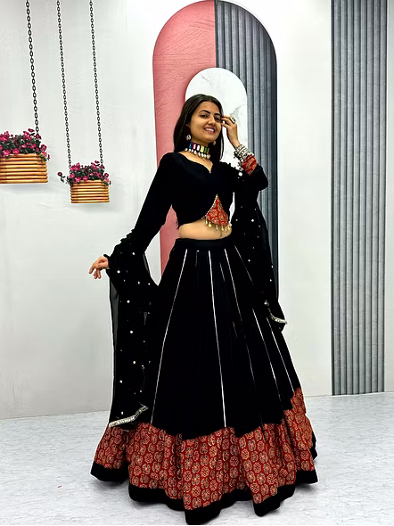 Black Ajarakh Print and Ribbon Work Navratri Special Pure Cotton Lehenga Choli-Black-XL-1