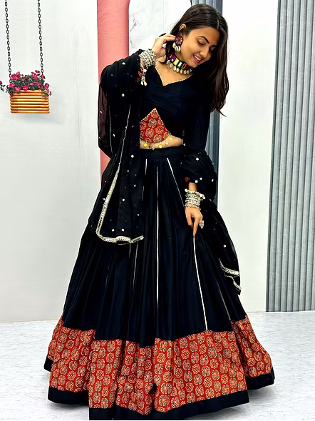 Black Ajarakh Print and Ribbon Work Navratri Special Pure Cotton Lehenga Choli-Black-XL-4