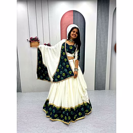 tiny tex white ajarakh print lehenga choli for navratri
