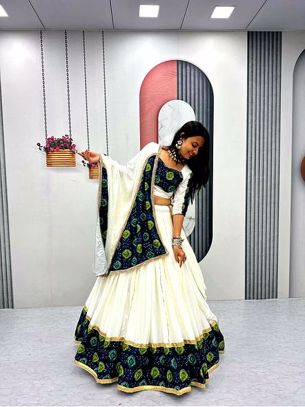 White Ajarakh Print Lehenga Choli for Navratri-White-XL-2