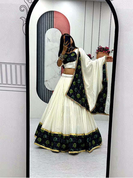 White Ajarakh Print Lehenga Choli for Navratri-White-XL-3