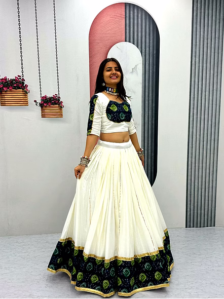 White Ajarakh Print Lehenga Choli for Navratri-White-XL-4