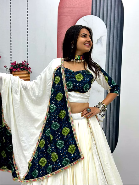 White Ajarakh Print Lehenga Choli for Navratri-White-XL-5