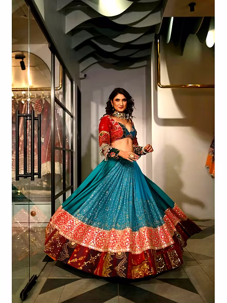 Real Mirror Work Sky Blue Chaniya Choli For Navratri