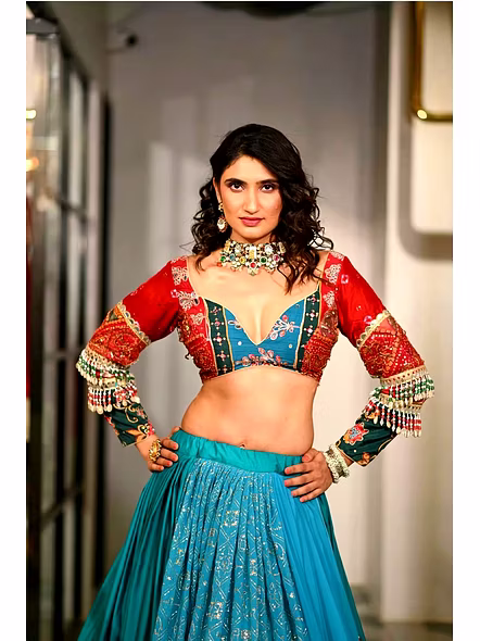Real Mirror Work Sky Blue Chaniya Choli For Navratri-4