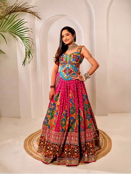Real Mirror Work Digital print Chnaiya Choli For Navratri 149-Pink-3