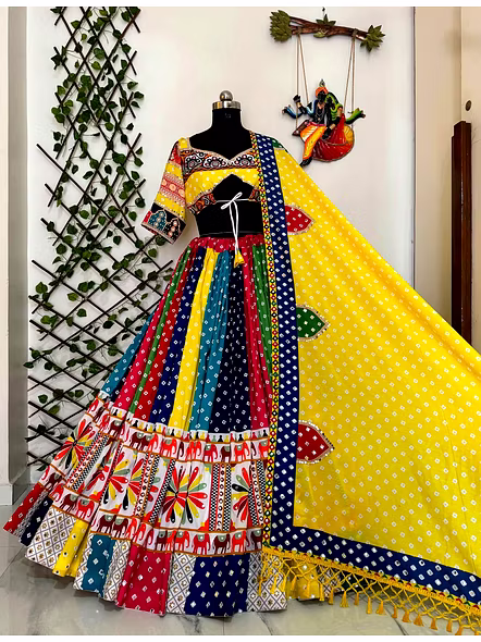 Real Mirror Work Digital print Chnaiya Choli For Navratri 152-Yellow-5