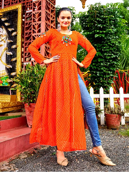 Georgette Kurtis With Kutchi Work-NV136_Orange