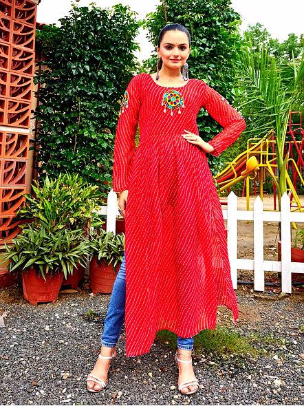 Georgette Kurtis With Kutchi Work-NV136_Red