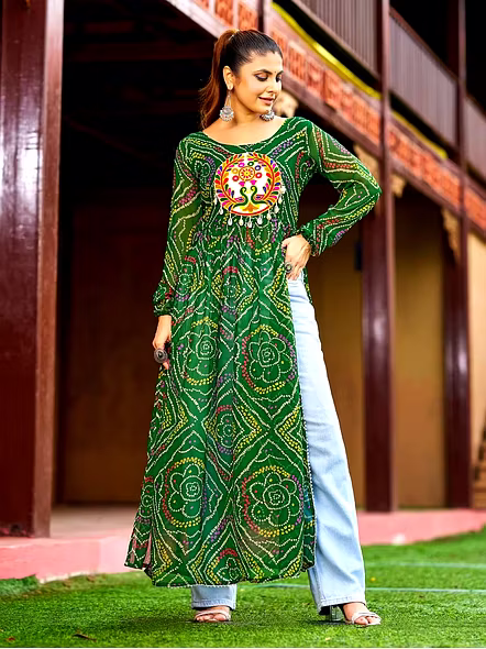 Georgette Kurtis With Kutchi Work-Green-1