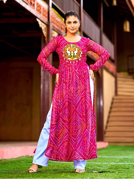Georgette Kurtis With Kutchi Work-Pink-1