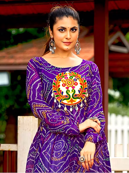 Georgette Kurtis With Kutchi Work-NV139_Purple