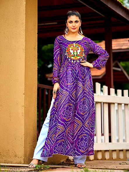 Georgette Kurtis With Kutchi Work-Purple-1