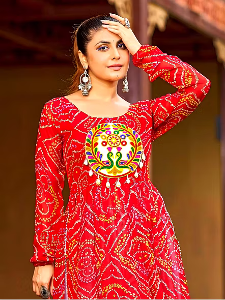 Georgette Kurtis With Kutchi Work-NV139_Red