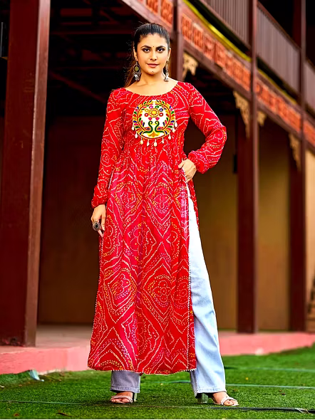 Georgette Kurtis With Kutchi Work-Red-1