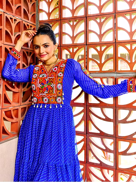 Georgette Gowns With Kutchi Work-NV141_Blue