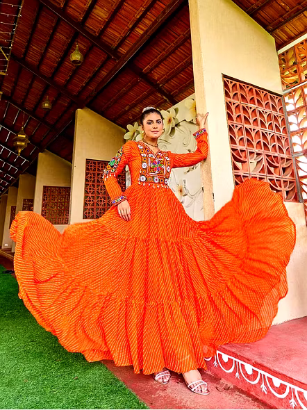 Georgette Gowns With Kutchi Work-Orange-1