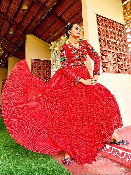 Georgette Gowns With Kutchi Work-Red-1