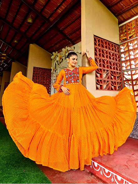 Georgette Gowns With Kutchi Work-Yellow-1