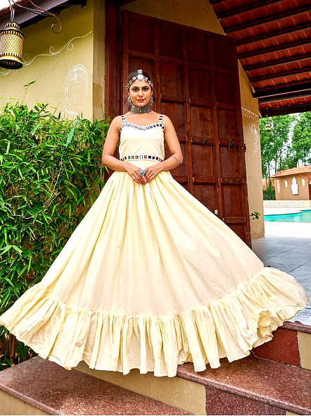 Cotton Gowns With Kutchi Work-NV157_Beige