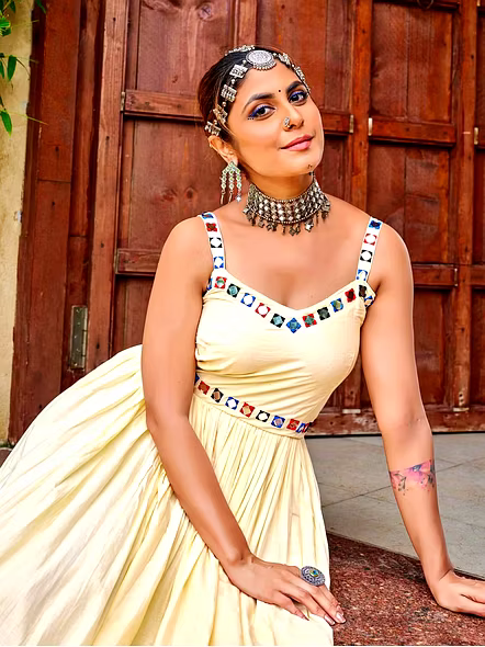 Cotton Gowns With Kutchi Work-Beige-1